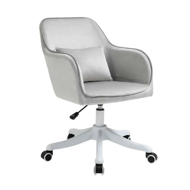 Rackhams Velvet Office Chair, Desk Chair, Makeup Vanity Chair with Massage Lumbar Pillow and Rolling Wheels for Bedroom and Home, Grey - image 1