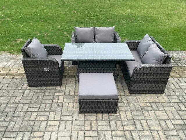 Rackhams Wicker PE Rattan Furniture Garden Dining Set Outdoor Height Adjustable Rising lifting Table Love Sofa With Reclining Chair Big Footstool - image 1