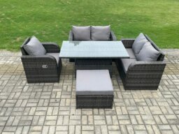 Rackhams Wicker PE Rattan Furniture Garden Dining Set Outdoor Height Adjustable Rising lifting Table Love Sofa With Reclining Chair Big Footstool - thumbnail 1