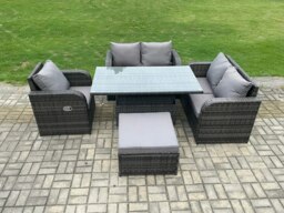 Rackhams Wicker PE Rattan Furniture Garden Dining Set Outdoor Height Adjustable Rising lifting Table Love Sofa With Reclining Chair Big Footstool - thumbnail 2