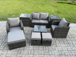 Rackhams Rattan Garden Furniture Set Patio Conservatory Indoor Outdoor 9 Piece Set with Love Sofa Square Coffee Table 3 Footstools 2 Side Tables - thumbnail 1