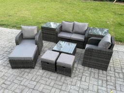 Rackhams Rattan Garden Furniture Set Patio Conservatory Indoor Outdoor 9 Piece Set with Love Sofa Square Coffee Table 3 Footstools 2 Side Tables - thumbnail 2