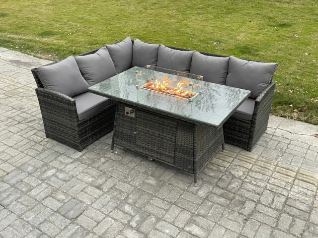 Rackhams Rattan Garden Furniture High Back Corner Sofa Gas Fire Pit Dining Table Sets Gas Heater 6 Seater Dark Grey Mixed - image 1