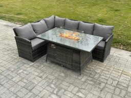 Rackhams Rattan Garden Furniture High Back Corner Sofa Gas Fire Pit Dining Table Sets Gas Heater 6 Seater Dark Grey Mixed