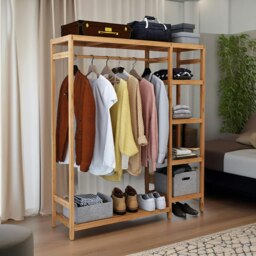 Rackhams Natural Wooden Wooden Clothes Rail With 5 Shelves Open Wardrobe Garment Rail Garment Rack - thumbnail 4