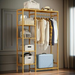 Rackhams Natural Wooden Wooden Clothes Rail With 5 Shelves Open Wardrobe Garment Rail Garment Rack - thumbnail 2