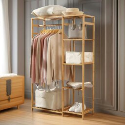 Rackhams Natural Wooden Wooden Clothes Rail With 5 Shelves Open Wardrobe Garment Rail Garment Rack - thumbnail 3