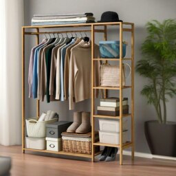 Rackhams Natural Wooden Wooden Clothes Rail With 5 Shelves Open Wardrobe Garment Rail Garment Rack