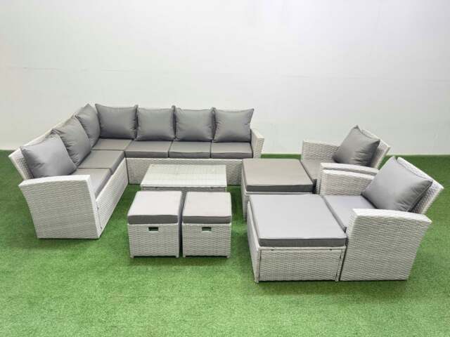 Rackhams 12 Seater Garden Outdoor PE Rattan Furniture Set Rattan Garden Sofa Set with 4 Footstools 2 Chair Light Grey Mixed - image 1