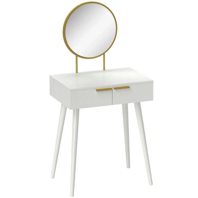 Rackhams Elegant Dressing Table, with Round Mirror, 60 x 40 x 123 cm - White