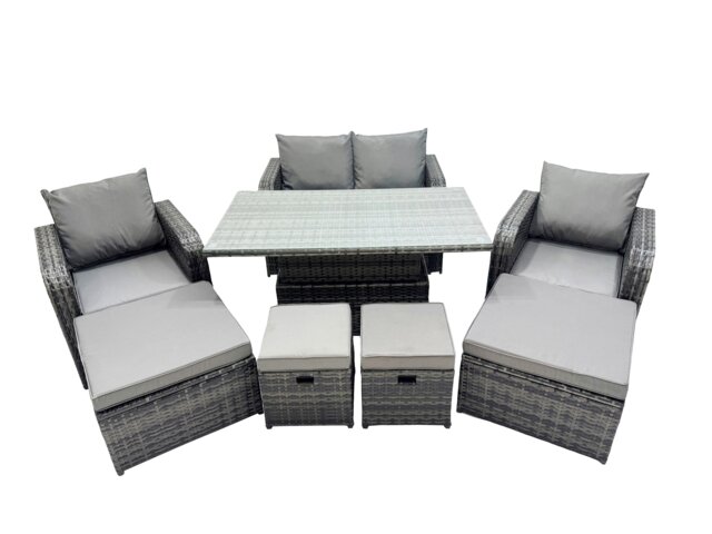 Rackhams 8 seater Patio Height Adjustable Rising Lifting Table Sofa Sets Rattan Garden Furniture Dining Set with 4 Footstool Dark Grey Mixed - image 1