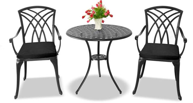 Rackhams OSHOWA Garden and Patio Table and 2 Large Chairs with Armrests Cast Aluminium Bistro Set - Black Cushions - image 1