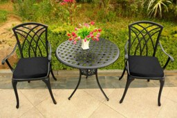 Rackhams OSHOWA Garden and Patio Table and 2 Large Chairs with Armrests Cast Aluminium Bistro Set - Black Cushions - thumbnail 4