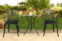 Rackhams OSHOWA Garden and Patio Table and 2 Large Chairs with Armrests Cast Aluminium Bistro Set - Black Cushions - thumbnail 2