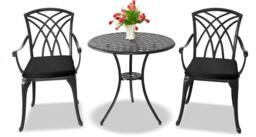 Rackhams OSHOWA Garden and Patio Table and 2 Large Chairs with Armrests Cast Aluminium Bistro Set - Black Cushions - thumbnail 1