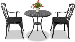 Rackhams OSHOWA Garden and Patio Table and 2 Large Chairs with Armrests Cast Aluminium Bistro Set - Black Cushions - thumbnail 3
