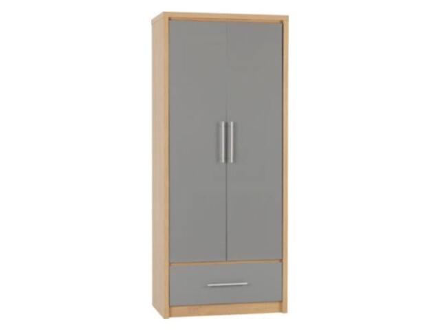 Rackhams Seville 2 Door 1 Drawer Double Wardrobe - Grey High Gloss and Light Oak - image 1