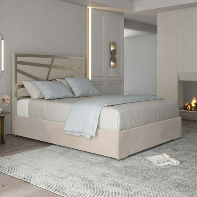 Rackhams Arabella Upholstered Soft Velvet Metal Bed Frame - Cream - Silver - Double - image 1