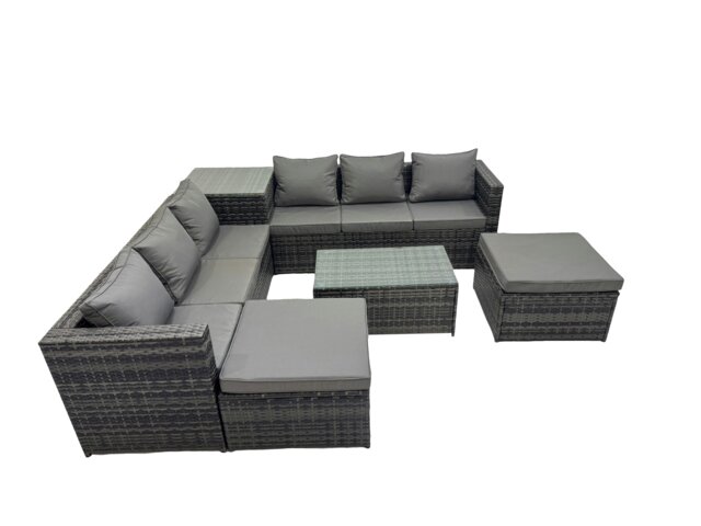 Rackhams 8 Seater Garden Outdoor Rattan Furniture Set Patio Corner Sofa Rectangular Coffee Table with Side Table 2 Big Stool Dark Grey - image 1