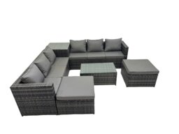 Rackhams 8 Seater Garden Outdoor Rattan Furniture Set Patio Corner Sofa Rectangular Coffee Table with Side Table 2 Big Stool Dark Grey - thumbnail 1