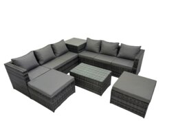 Rackhams 8 Seater Garden Outdoor Rattan Furniture Set Patio Corner Sofa Rectangular Coffee Table with Side Table 2 Big Stool Dark Grey - thumbnail 2