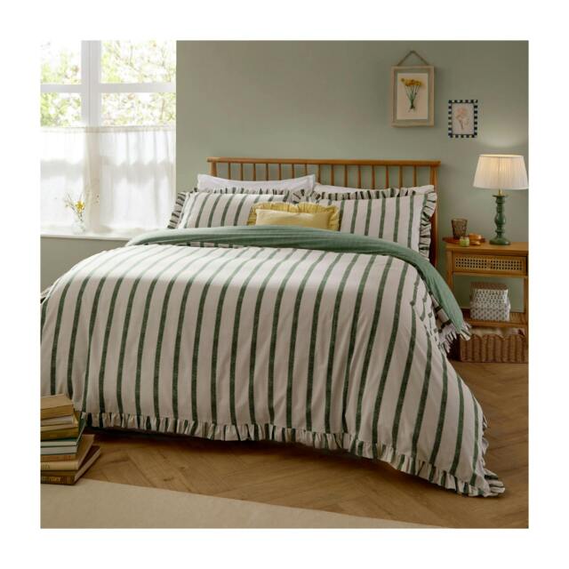 Rackhams Connie Ruffles Striped Duvet Cover Set - Moss - King/Super King - Moss - 60% Cotton/40% Polyester