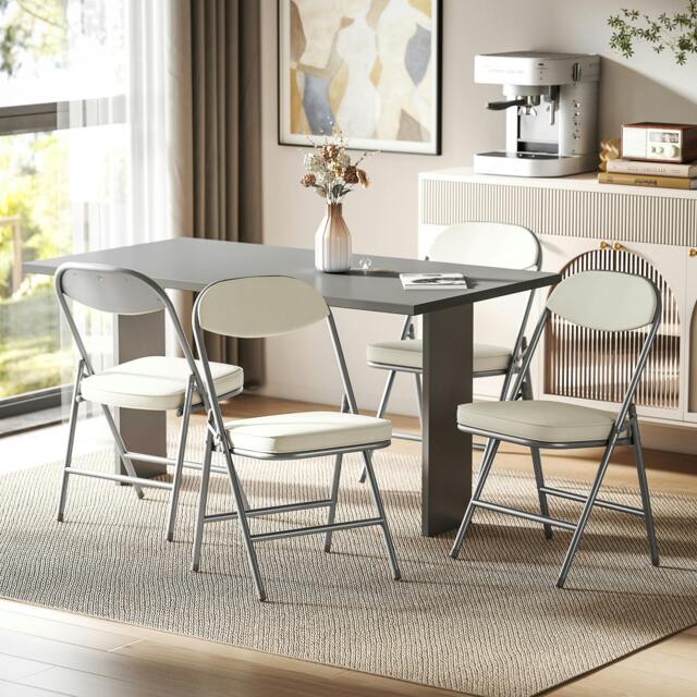 Rackhams Folding Chairs Set of 4 with Cushioned Seat, Steel Frame - Cream - Corduroy (100% Polyester) - Grey powder coating - image 1