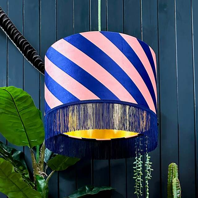 "Rackhams Peach Fuzz Helter Skelter Velvet Lampshades With Gold Foil Lining and Fringing - Table / Floor Lamp - 45cm diameter x 25cm height / 18"" x 10""" - image 1