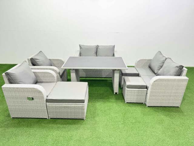 Rackhams 8 Pieces Outdoor PE Rattan Sofa Reclining Chair Set Patio Garden Furniture Sets with Cushions 3 Stools Light Grey - image 1