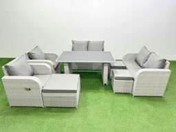 Rackhams 8 Pieces Outdoor PE Rattan Sofa Reclining Chair Set Patio Garden Furniture Sets with Cushions 3 Stools Light Grey - thumbnail 1