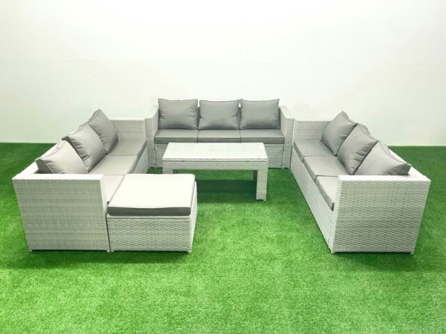 Rackhams Rattan Garden Outdoor Furniture Set 10 Seater Garden Sofa Oblong Coffee Table Set with Big Footstool Light Grey Mixed - image 1