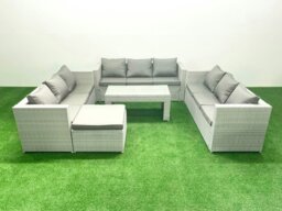 Rackhams Rattan Garden Outdoor Furniture Set 10 Seater Garden Sofa Oblong Coffee Table Set with Big Footstool Light Grey Mixed - thumbnail 2