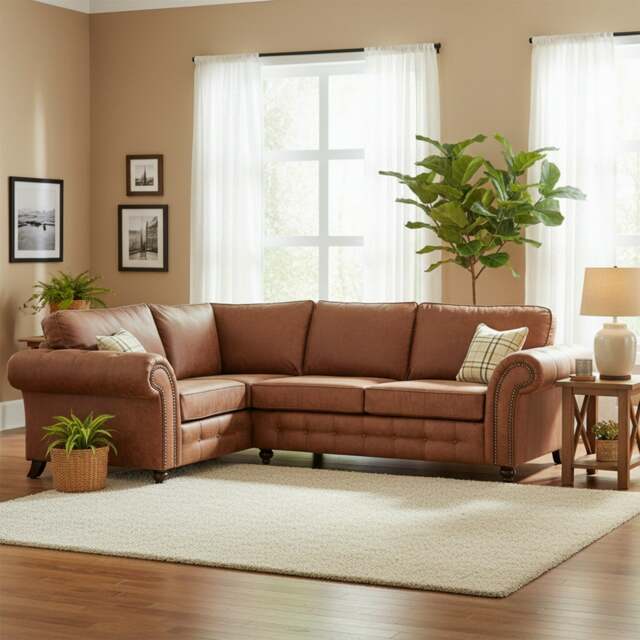 Rackhams Oakland 4 Seater Leather Corner Sofa Chesterfield Style - Tan - Left Hand Facing - image 1