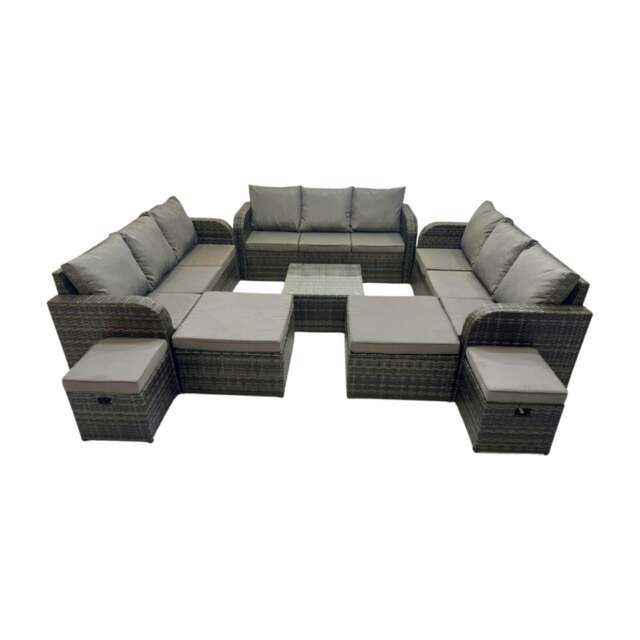 Rackhams Rattan Garden Outdoor Furniture Set 3 Seater Sofa Square Coffee Table Set with 4 Stools Dark Grey Mixed - image 1