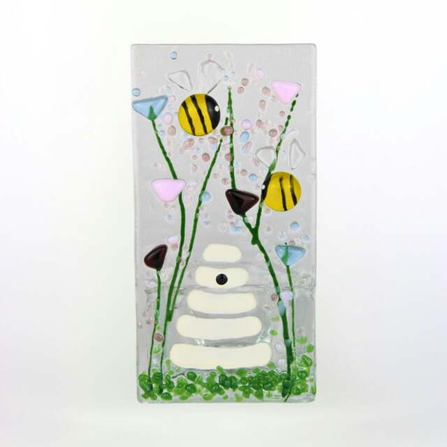 Rackhams Fused Glass Tea Light Holder – Bumble Bee & Violet Flowers (Handmade)