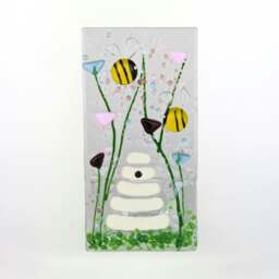 Rackhams Fused Glass Tea Light Holder – Bumble Bee & Violet Flowers (Handmade)