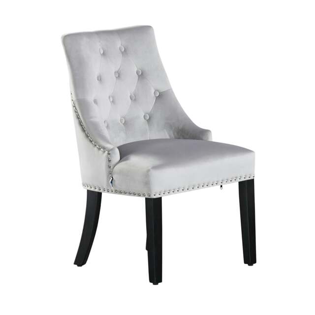 Rackhams Single Velvet Dining Chair Ergonomic Scoop Knockerback & Button Tufted Wood Legs - Velvet - Light Grey - Windsor Back - image 1