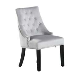 Rackhams Single Velvet Dining Chair Ergonomic Scoop Knockerback & Button Tufted Wood Legs - Velvet - Light Grey - Windsor Back - thumbnail 2