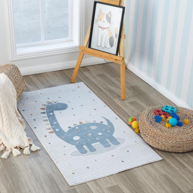Rackhams Lillian-Kids Beige Blue Orange Grey Washable Rug for Children's Rooms - 80 x 150 cm - image 1