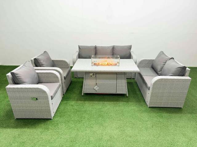 Rackhams PE Rattan Garden Furniture Set Reclining Chair Sofa Double Love Seat 2 Seater Sofa Lounge Set Fire Pit Dining Table Light Grey - image 1
