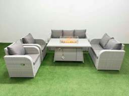 Rackhams PE Rattan Garden Furniture Set Reclining Chair Sofa Double Love Seat 2 Seater Sofa Lounge Set Fire Pit Dining Table Light Grey - thumbnail 1