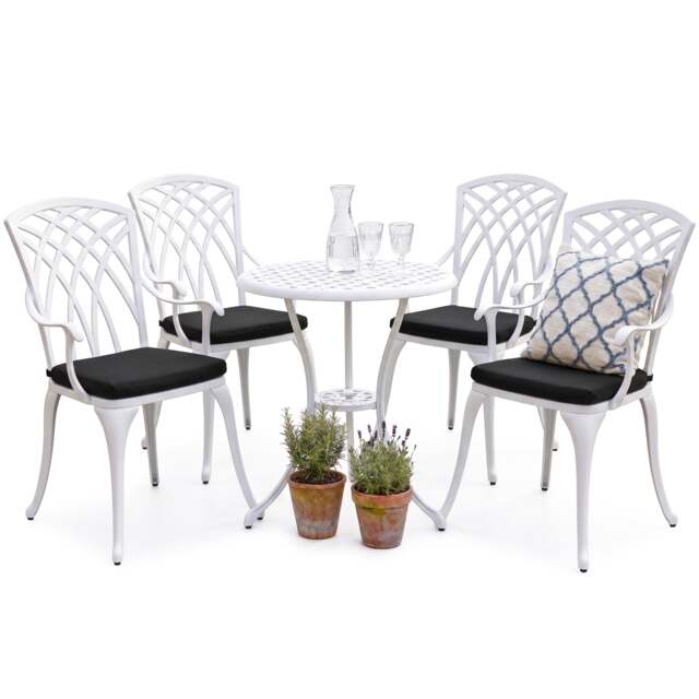 Rackhams OSHOWA Luxurious Garden and Patio Table and 4 Large Chairs with Armrests Cast Aluminium Bistro Set - White with Black Cushions - image 1