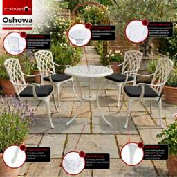 Rackhams OSHOWA Luxurious Garden and Patio Table and 4 Large Chairs with Armrests Cast Aluminium Bistro Set - White with Black Cushions - thumbnail 4