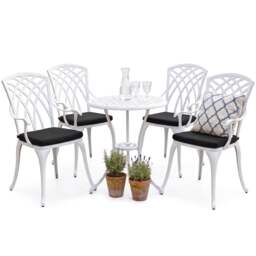 Rackhams OSHOWA Luxurious Garden and Patio Table and 4 Large Chairs with Armrests Cast Aluminium Bistro Set - White with Black Cushions