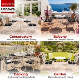 Rackhams OSHOWA Luxurious Garden and Patio Table and 4 Large Chairs with Armrests Cast Aluminium Bistro Set - White with Black Cushions - thumbnail 3