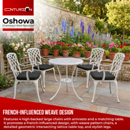 Rackhams OSHOWA Luxurious Garden and Patio Table and 4 Large Chairs with Armrests Cast Aluminium Bistro Set - White with Black Cushions - thumbnail 2