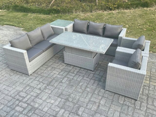 Rackhams Rattan Garden Funiture Set Height Adjustable Rising Lifting Table Sofa Dining Set Lounge Sofa 2 Arm Chair Side Table - image 1