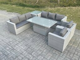 Rackhams Rattan Garden Funiture Set Height Adjustable Rising Lifting Table Sofa Dining Set Lounge Sofa 2 Arm Chair Side Table - thumbnail 3