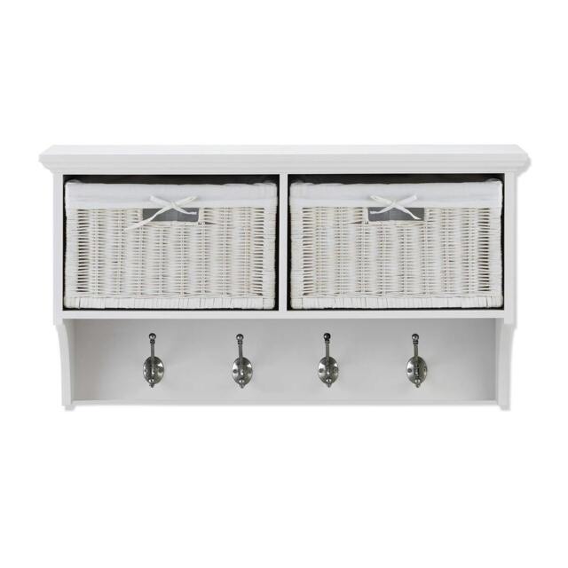 Rackhams Tetbury Hanging Shelf with 2 White Wicker Baskets. Wallmounted Coat Rack Assembled - White - image 1