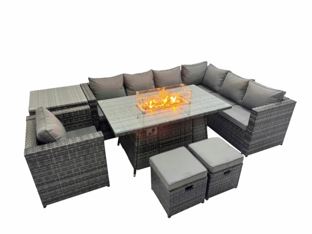 Rackhams Garden Rattan Furniture Set 9 Seater Outdoor Corner Sofa Chair Gas Fire Pit Dining Table Set with 2 Small Stools Side Table Dark Grey - image 1